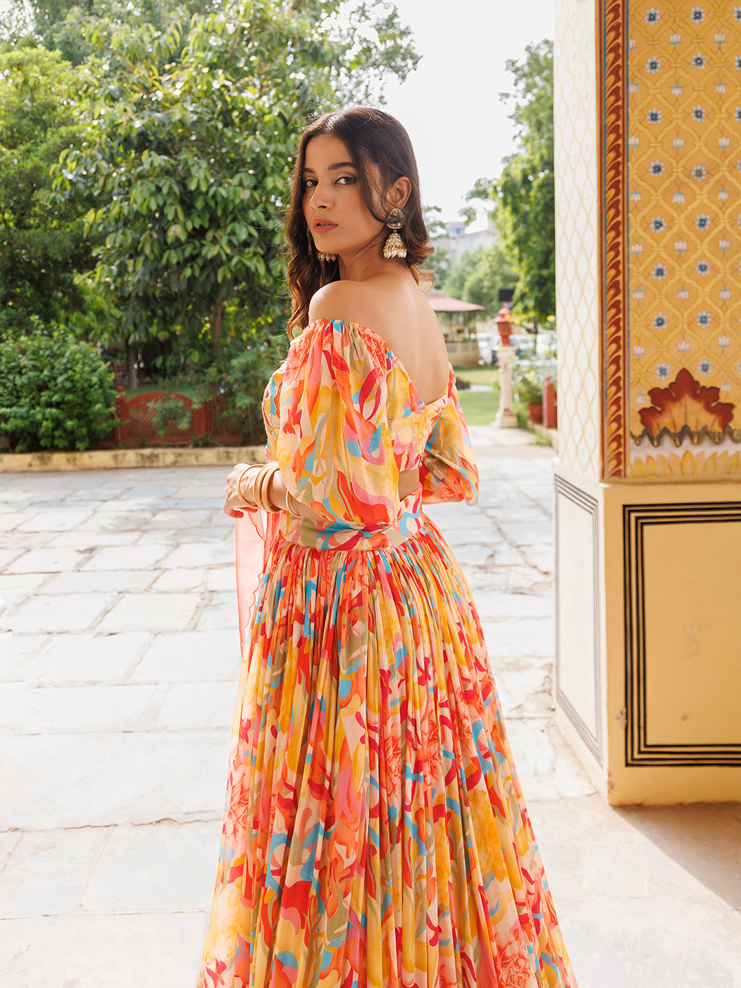 Yellow and Red Chinon Lehenga  - By Ragavi