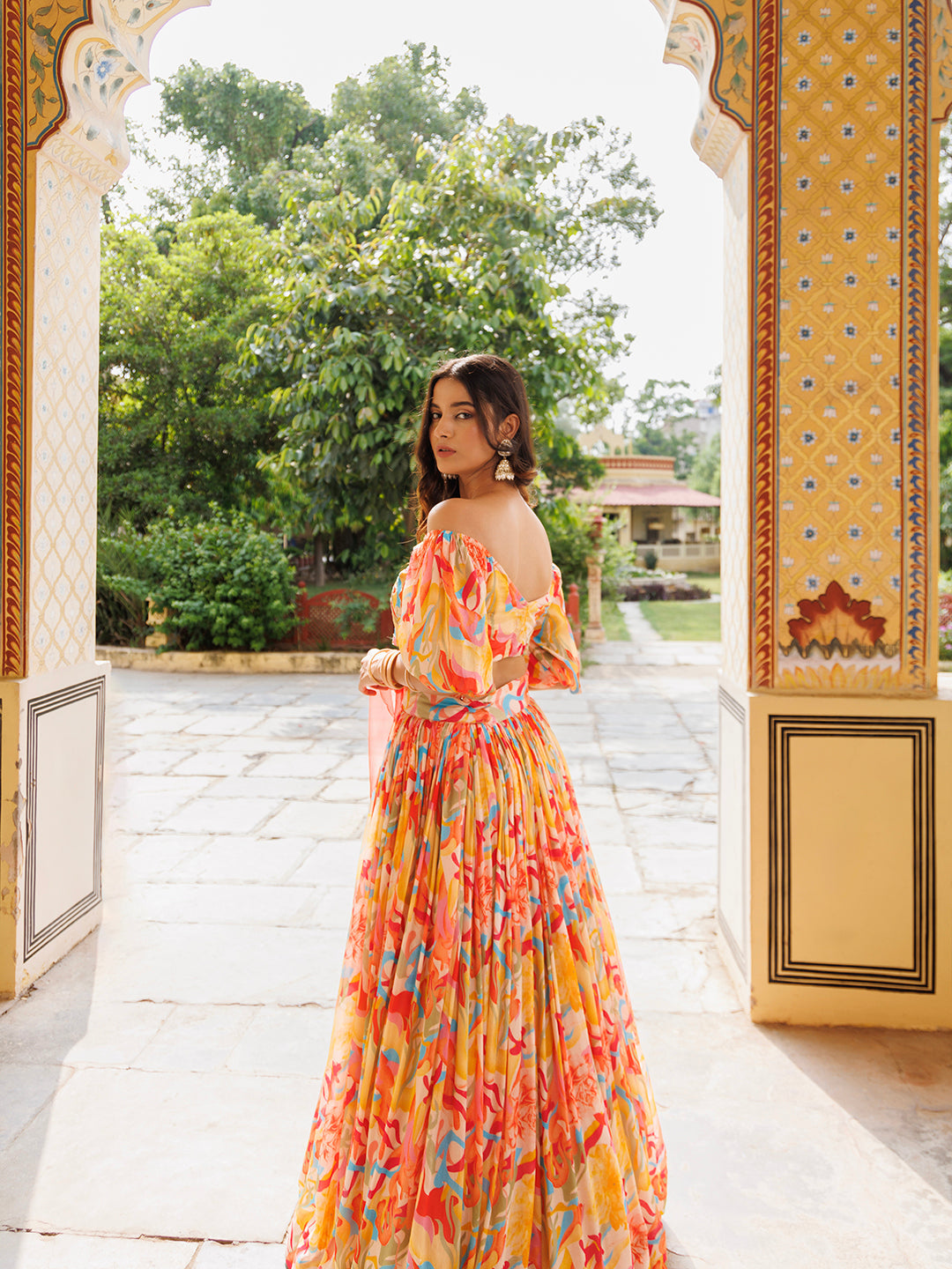 Yellow and Red Chinon Lehenga  - By Ragavi