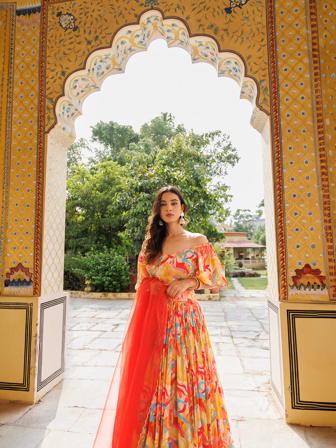 Yellow and Red Chinon Lehenga  - By Ragavi