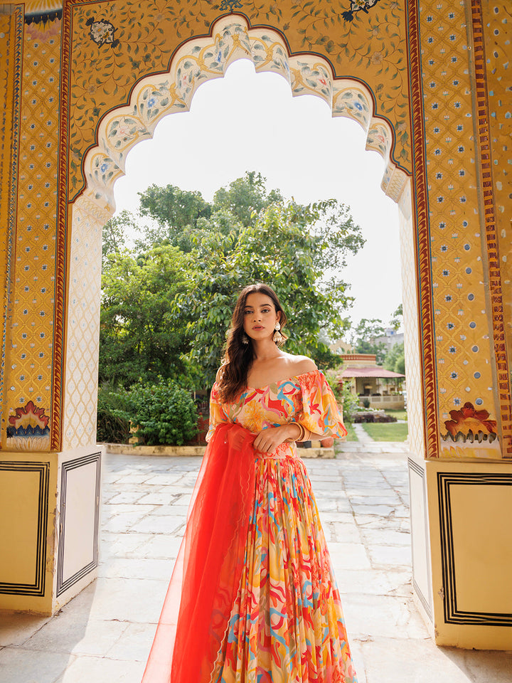 Yellow and Red Chinon Lehenga  - By Ragavi