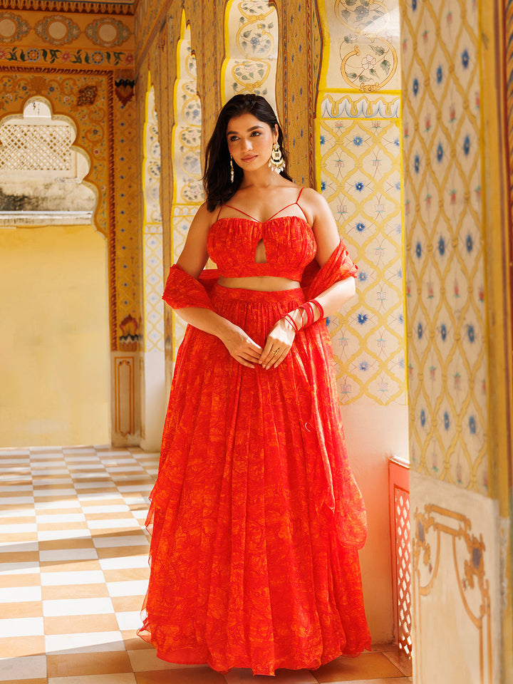 Beautiful Orangeade Red Floral Printed Chiffon Lehenga Set by Ragavi, perfect for special occasions and events