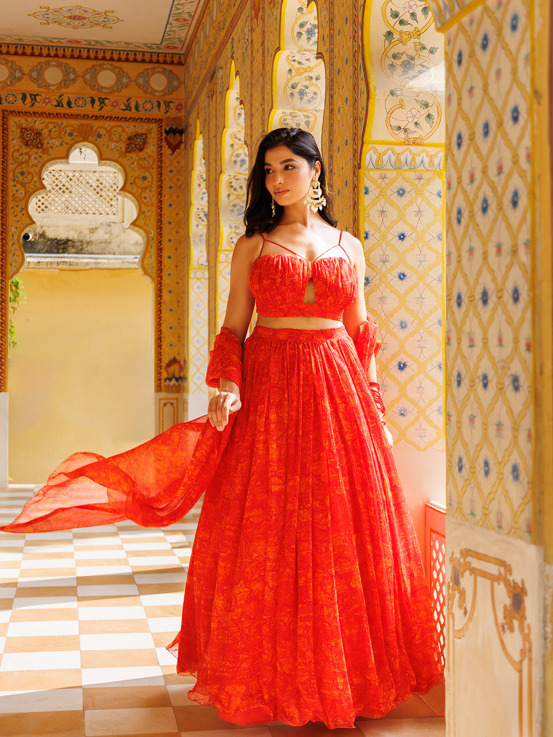 Orangeade Red Floral Printed Chiffon Lehenga Set  - By Ragavi