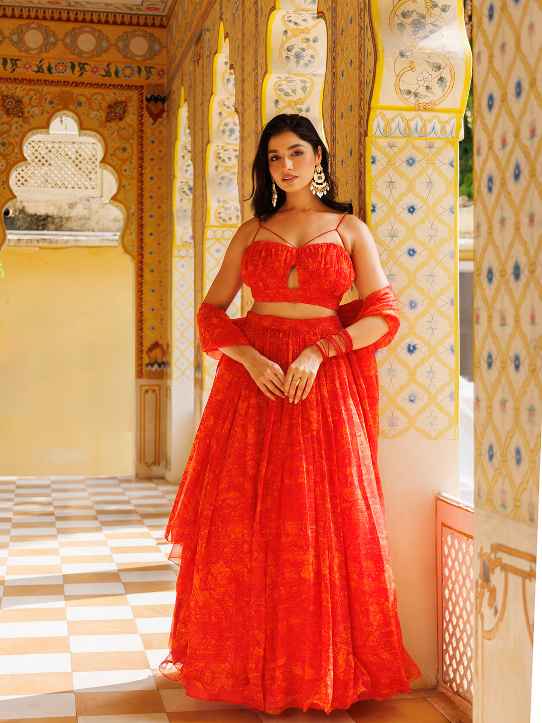 Orangeade Red Floral Printed Chiffon Lehenga Set  - By Ragavi