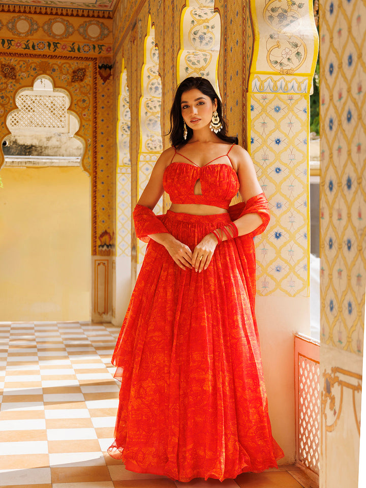 Beautiful Orangeade Red Floral Printed Chiffon Lehenga Set by Ragavi, perfect for special occasions and events