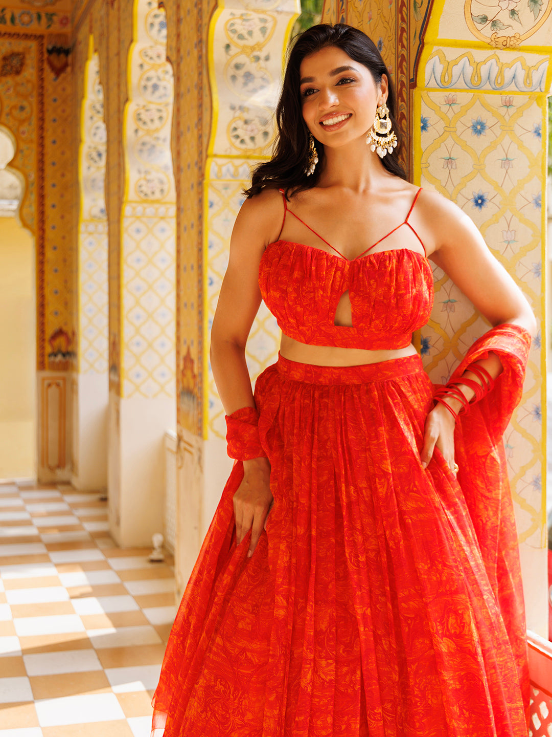 Orangeade Red Floral Printed Chiffon Lehenga Set  - By Ragavi