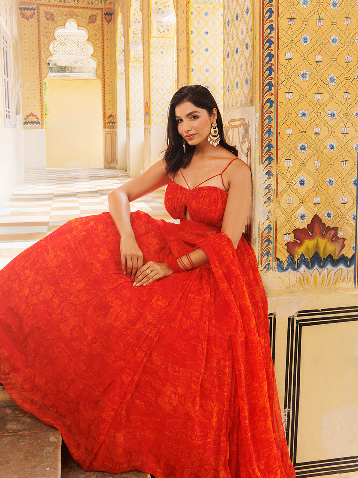 Orangeade Red Floral Printed Chiffon Lehenga Set  - By Ragavi