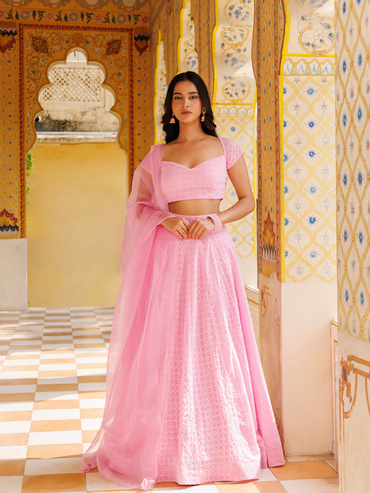 Blushing Pink Chikankari Lehenga Set with intricate floral embroidery and sequin detailing