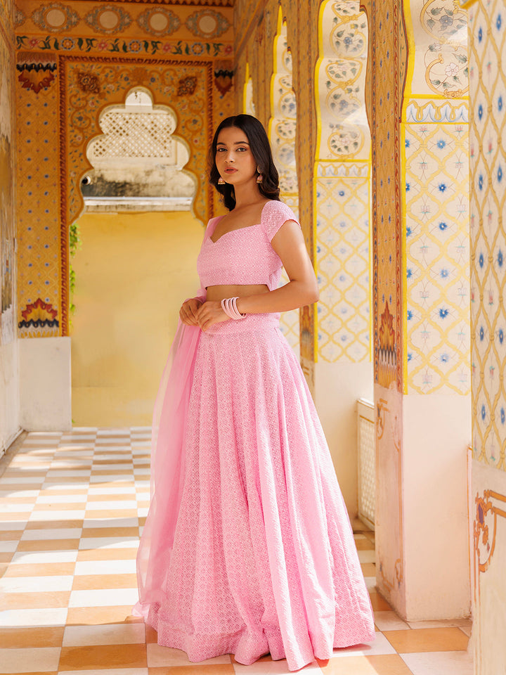 Blushing pink chikankari lehenga set with intricate floral embroidery and sequin detailing