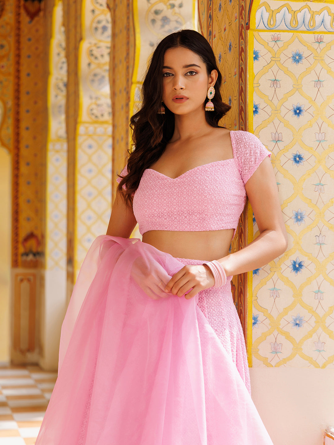 Intricately crafted pink Chikankari lehenga set with beautiful floral embroidery and sequin work