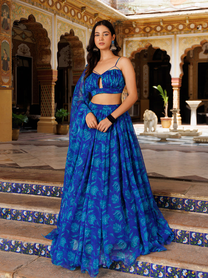 Lapis Blue Floral Printed Chiffon Lehenga Set  - By Ragavi