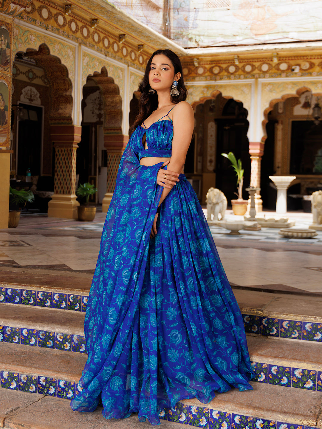 Lapis Blue Floral Printed Chiffon Lehenga Set  - By Ragavi