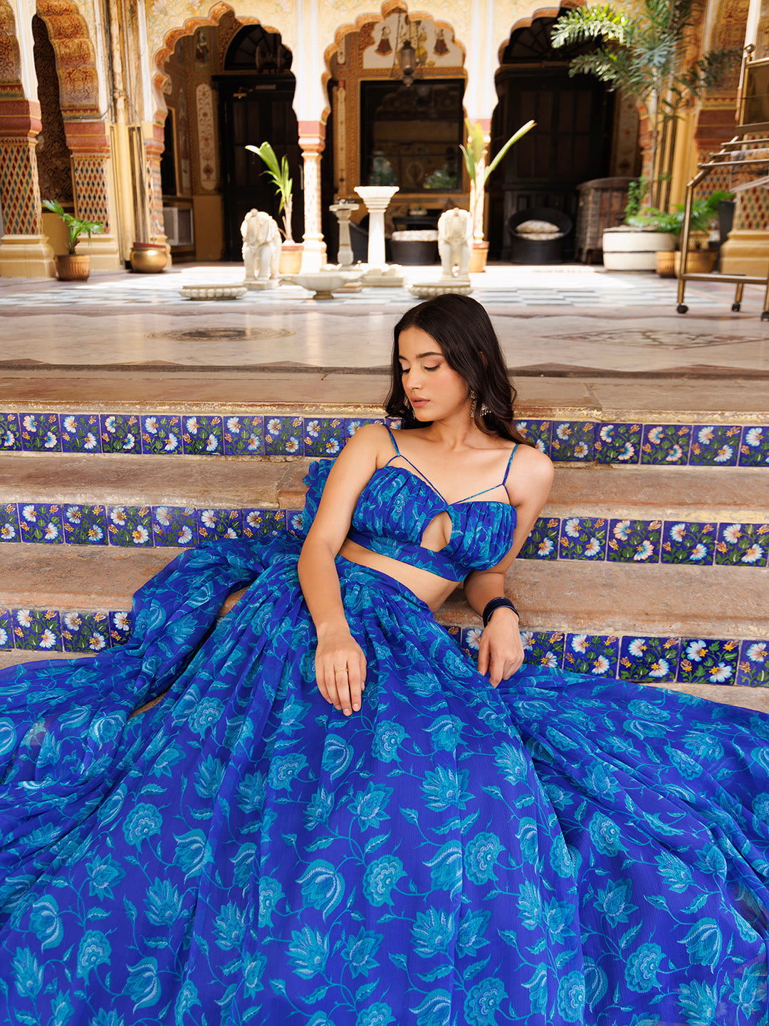 Lapis Blue Floral Printed Chiffon Lehenga Set  - By Ragavi