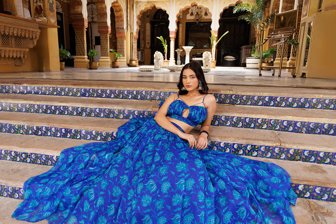 Lapis Blue Floral Printed Chiffon Lehenga Set  - By Ragavi