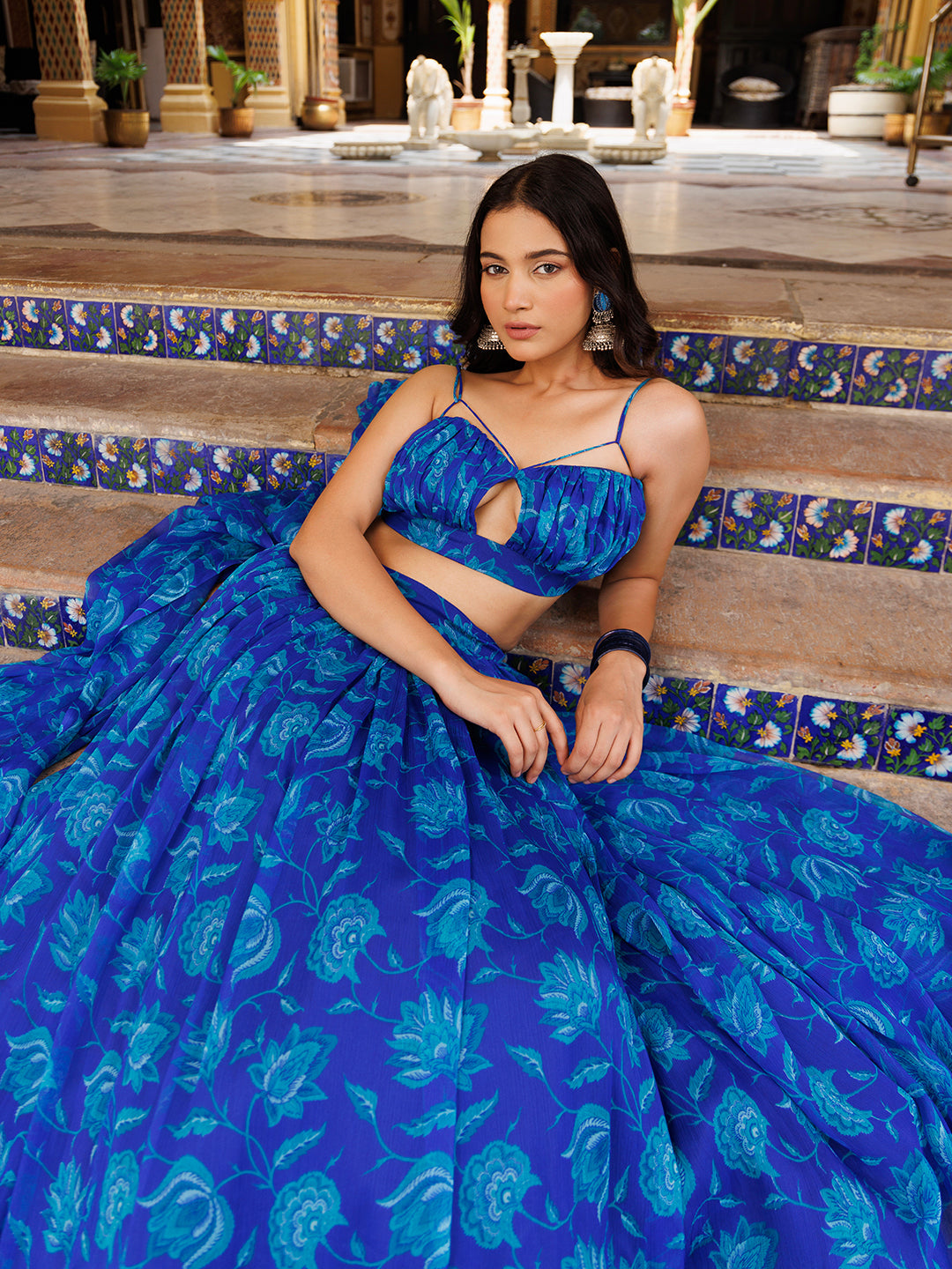 Lapis Blue Floral Printed Chiffon Lehenga Set  - By Ragavi