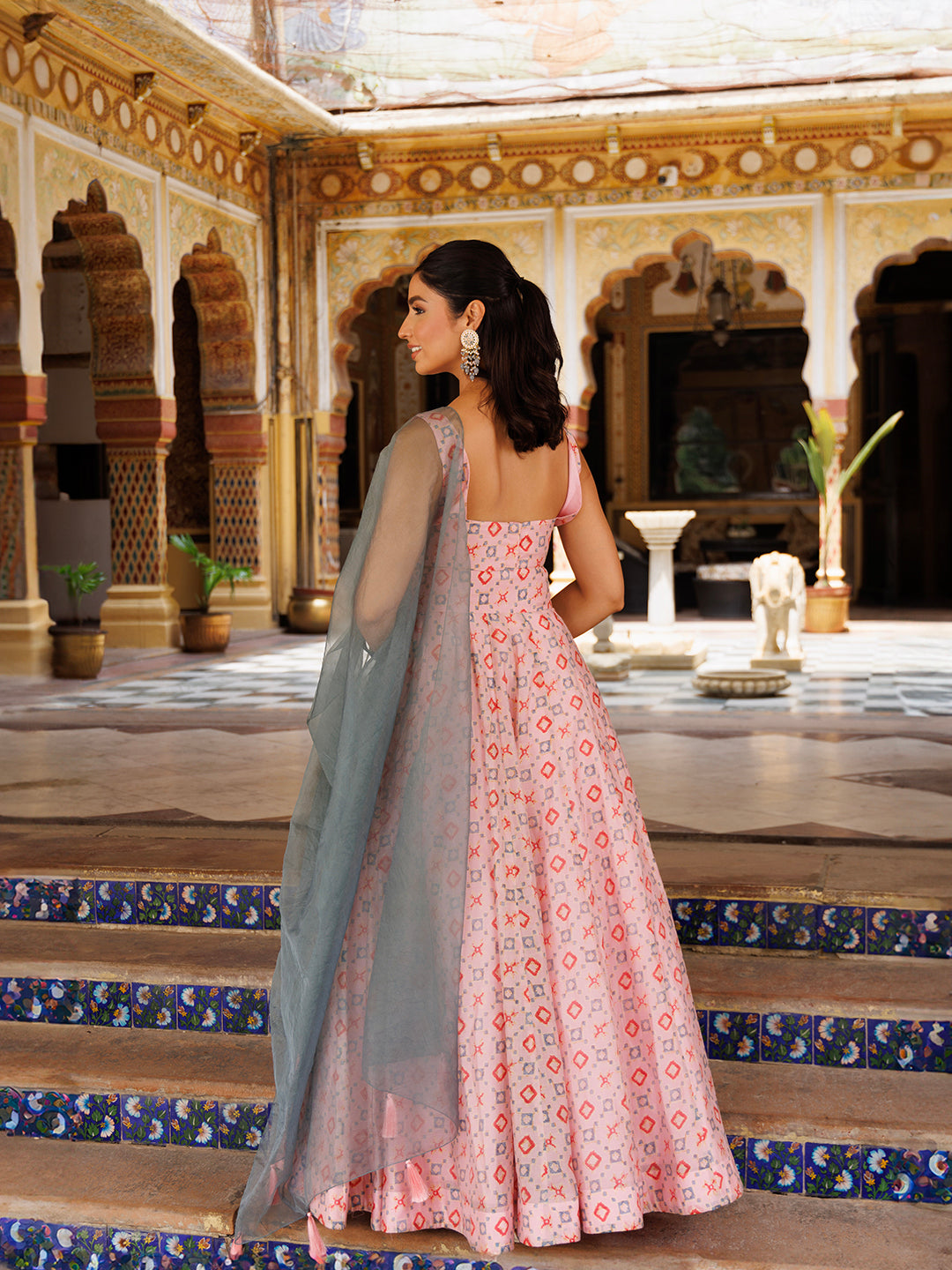 Seashell Pink Grey Chanderi Lehenga Set  - By Ragavi