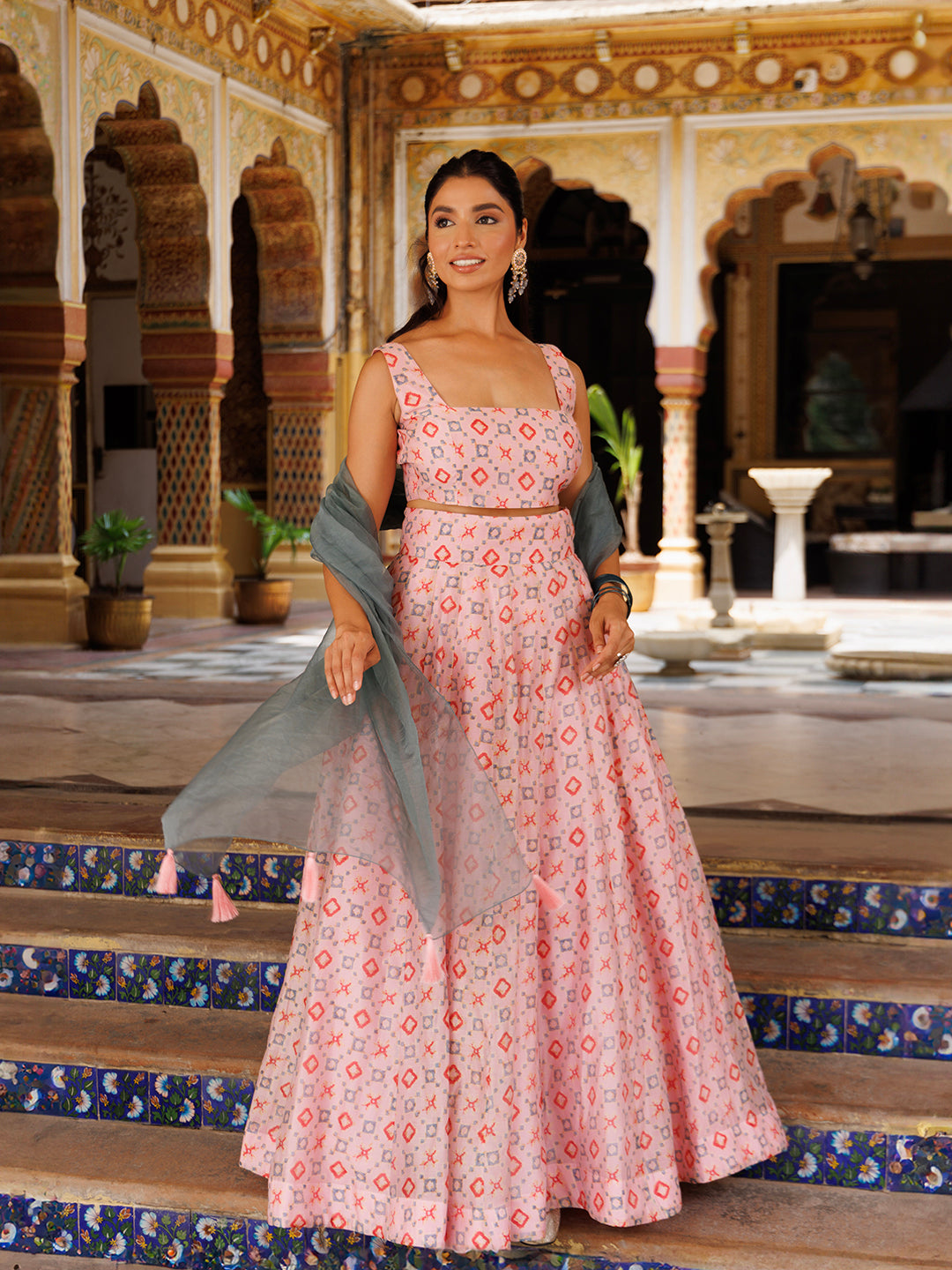 Stunning seashell pink and grey Chanderi lehenga set for special occasions