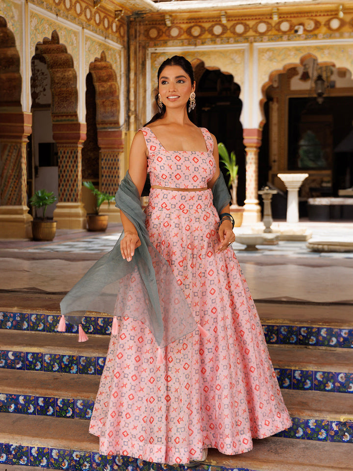 Seashell Pink Grey Chanderi Lehenga Set  - By Ragavi