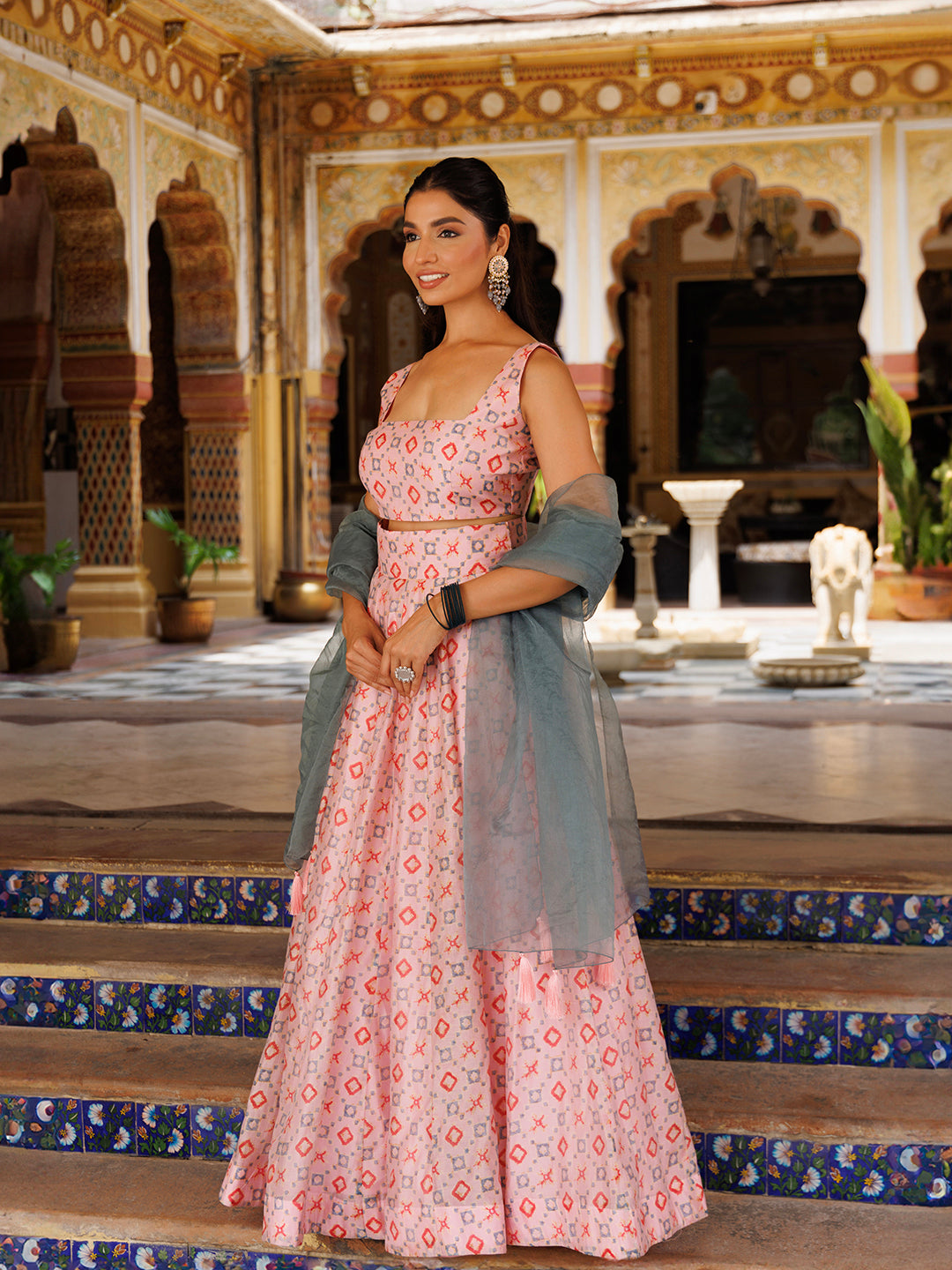 Gorgeous seashell pink and grey Chanderi lehenga set with delicate embellishments