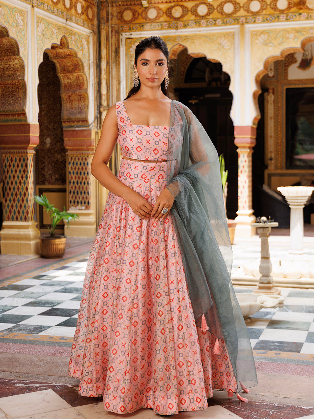 Seashell Pink Grey Chanderi Lehenga Set  - By Ragavi