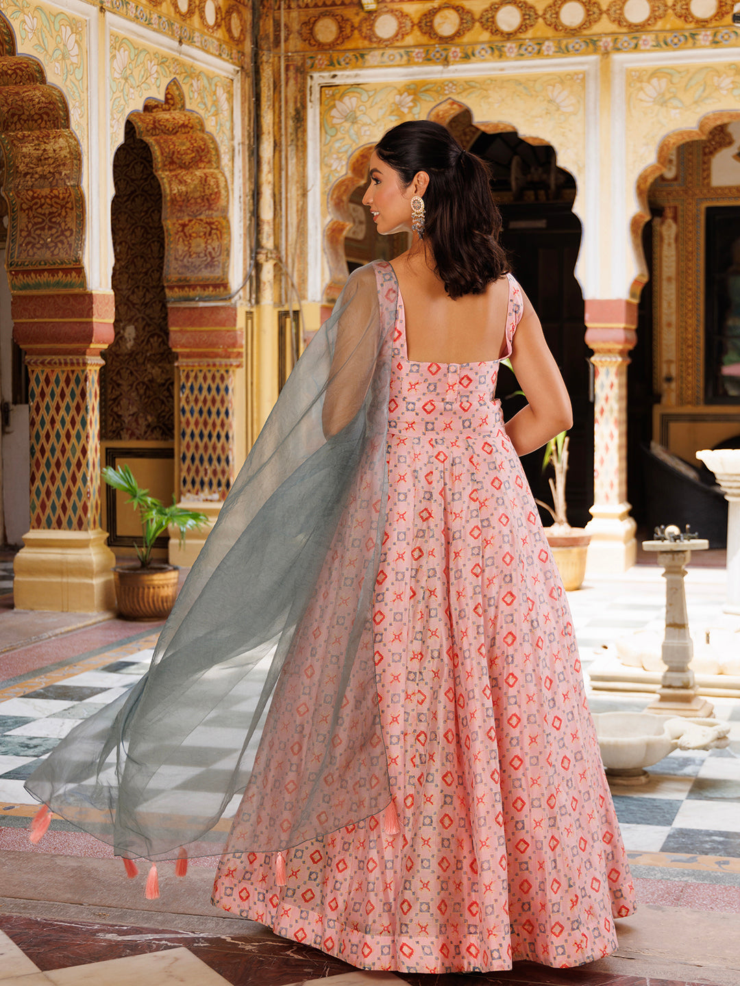 Fashionable seashell pink and grey Chanderi lehenga set by Ragavi