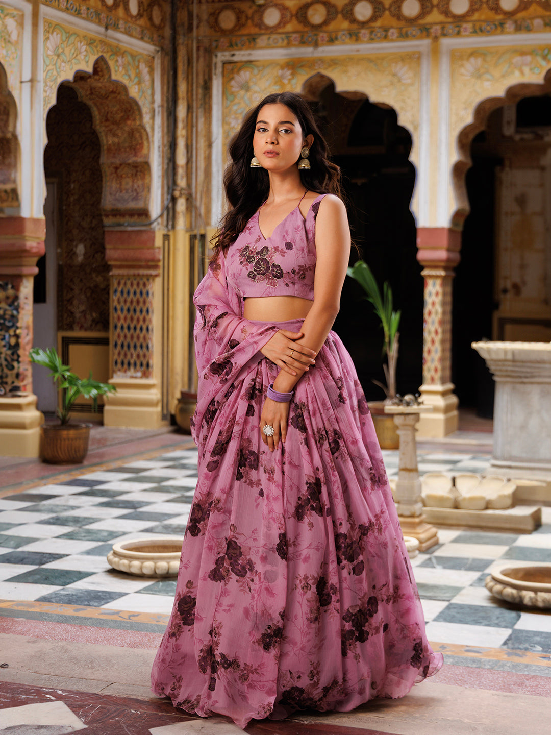 Mellow Mauve Floral Printed Chiffon Lehenga Set by Ragavi