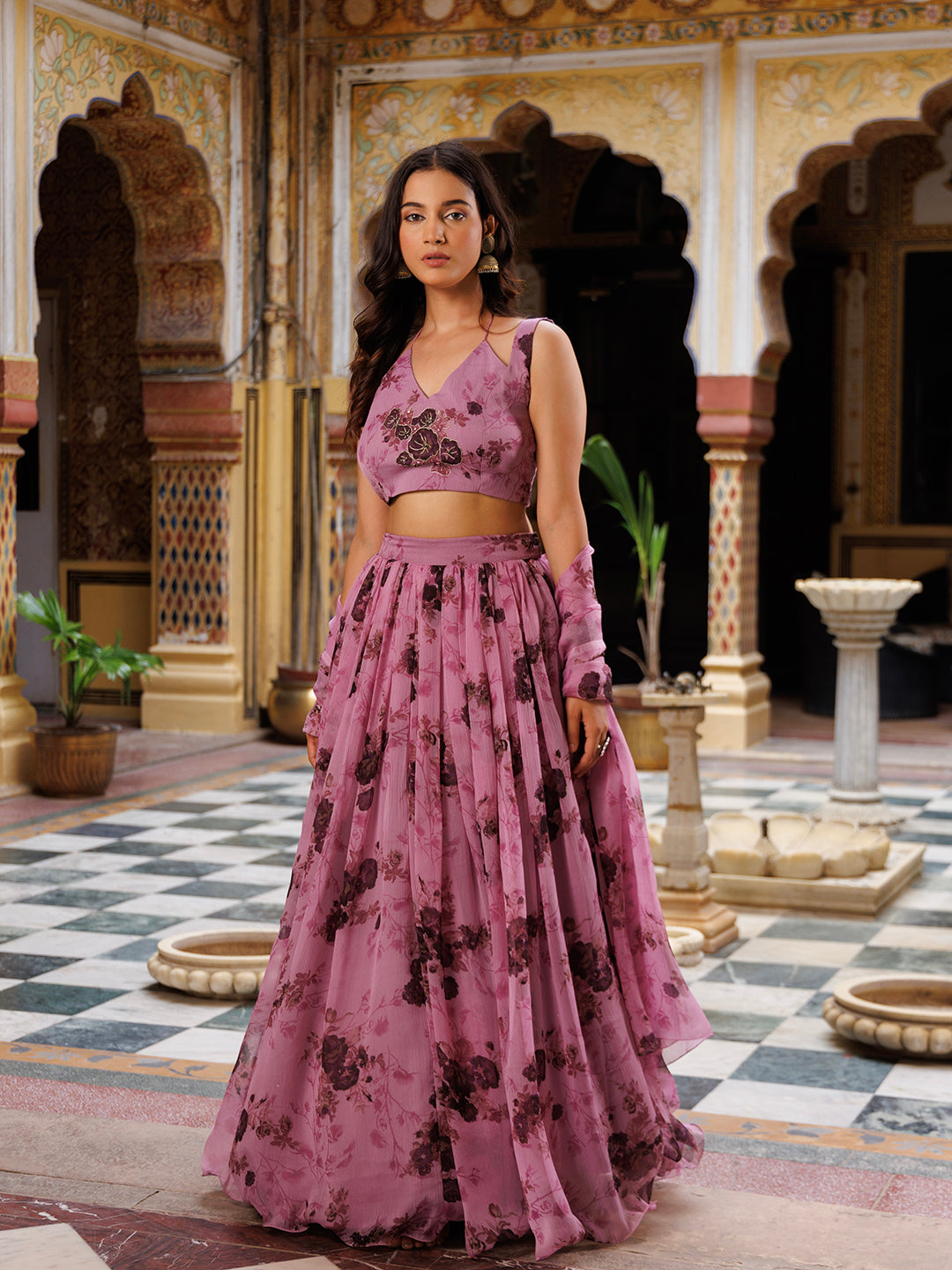 Mellow Mauve Floral Printed Chiffon Lehenga Set  - By Ragavi