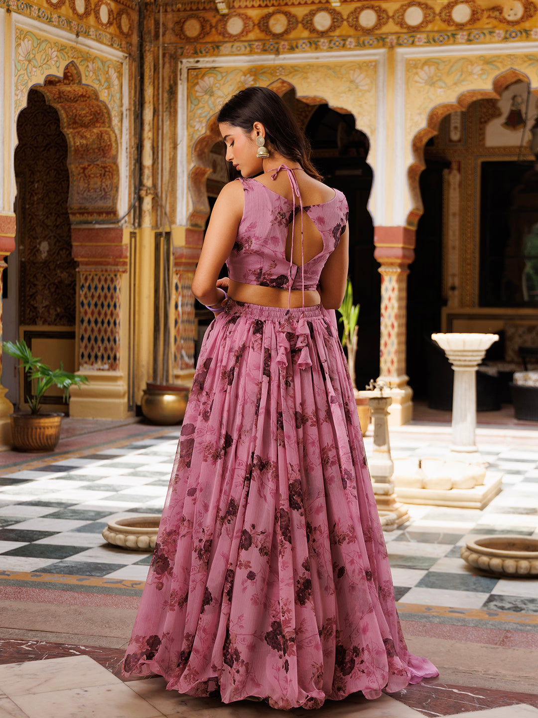 Mellow Mauve Floral Printed Chiffon Lehenga Set  - By Ragavi