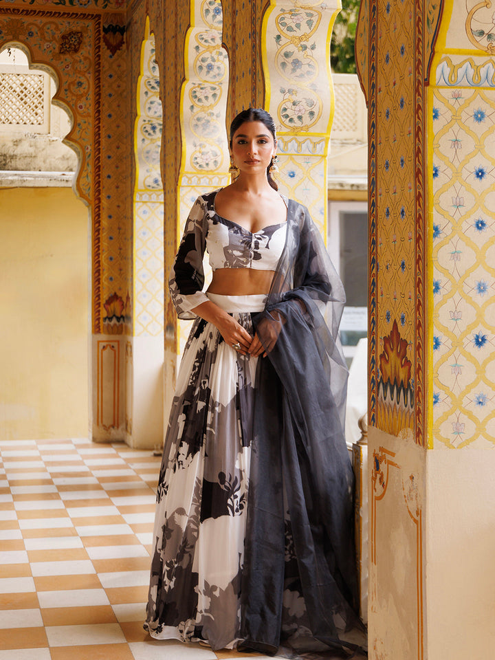 Black and White Floral Printed Lehenga Set  - By Ragavi