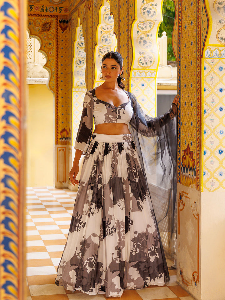 Stunning Ragavi Black & White Floral Lehenga featuring a bold black and white floral pattern