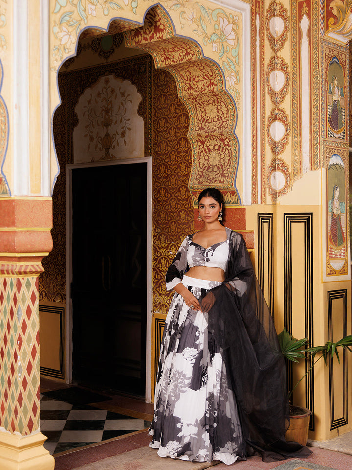 Black and White Floral Printed Lehenga Set  - By Ragavi