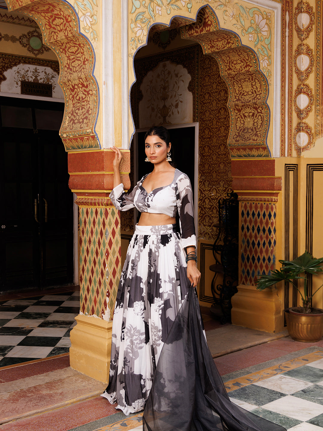 Beautiful black and white floral printed lehenga set designed by Ragavi