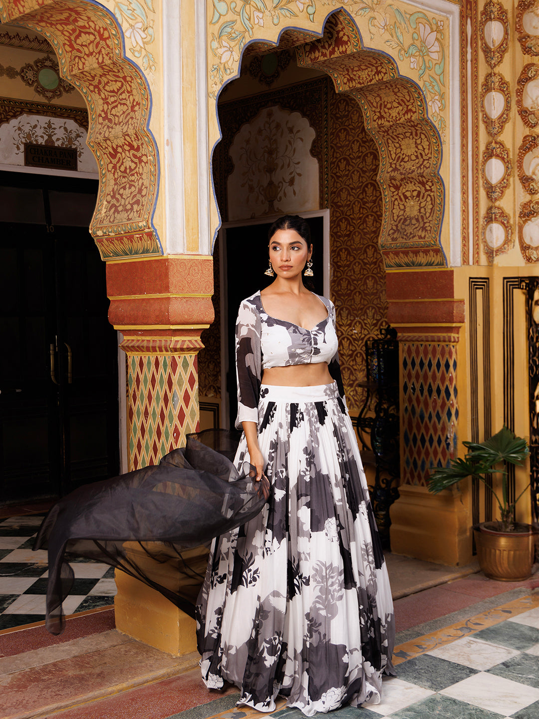 Black and White Floral Printed Lehenga Set  - By Ragavi