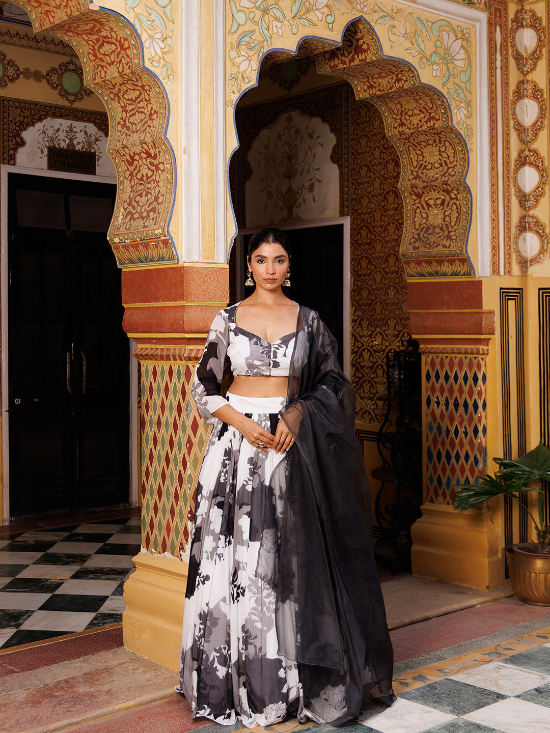 Black and White Floral Printed Lehenga Set  - By Ragavi