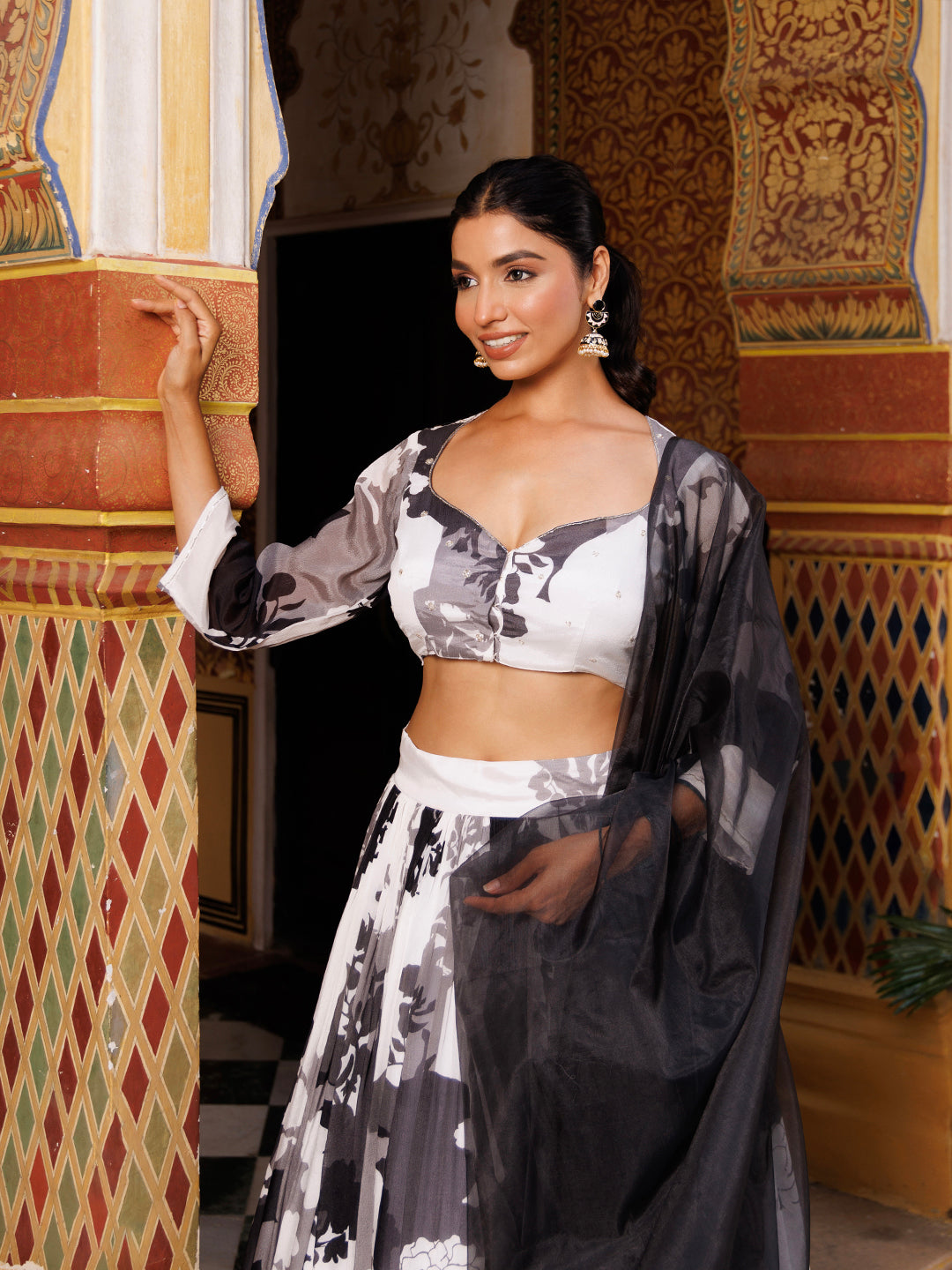 Stylish accessories paired with the Black and White Floral Printed Lehenga Set