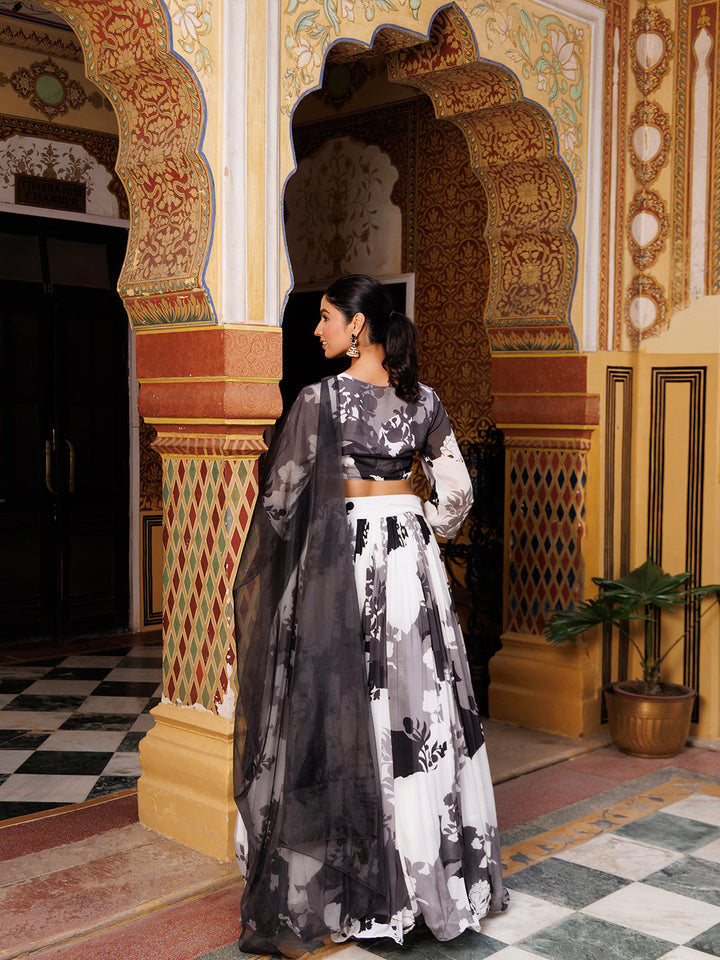 Black and White Floral Printed Lehenga Set  - By Ragavi