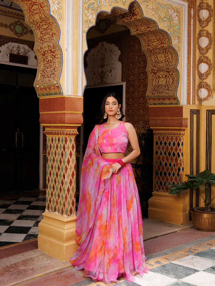 Raspberry Pink Chiffon Lehenga Set  - By Ragavi