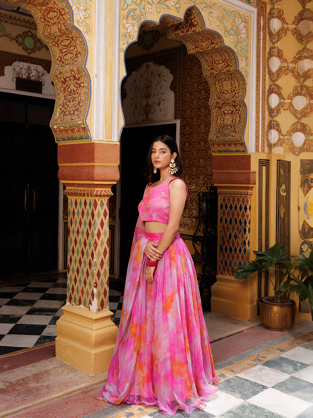 Stunning chiffon lehenga with delicate detailing and a matching dupatta