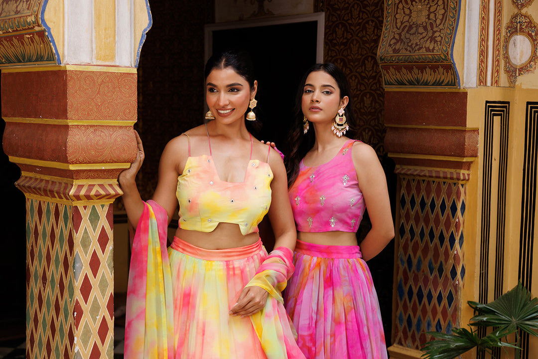 Beautiful Lemondrop Yellow Pink Chiffon Lehenga Set