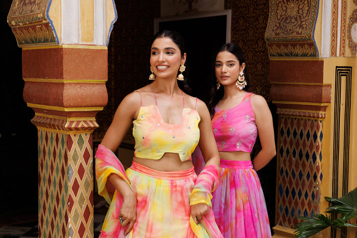 Gorgeous Lemondrop Yellow Pink Chiffon Lehenga Set by Ragavi