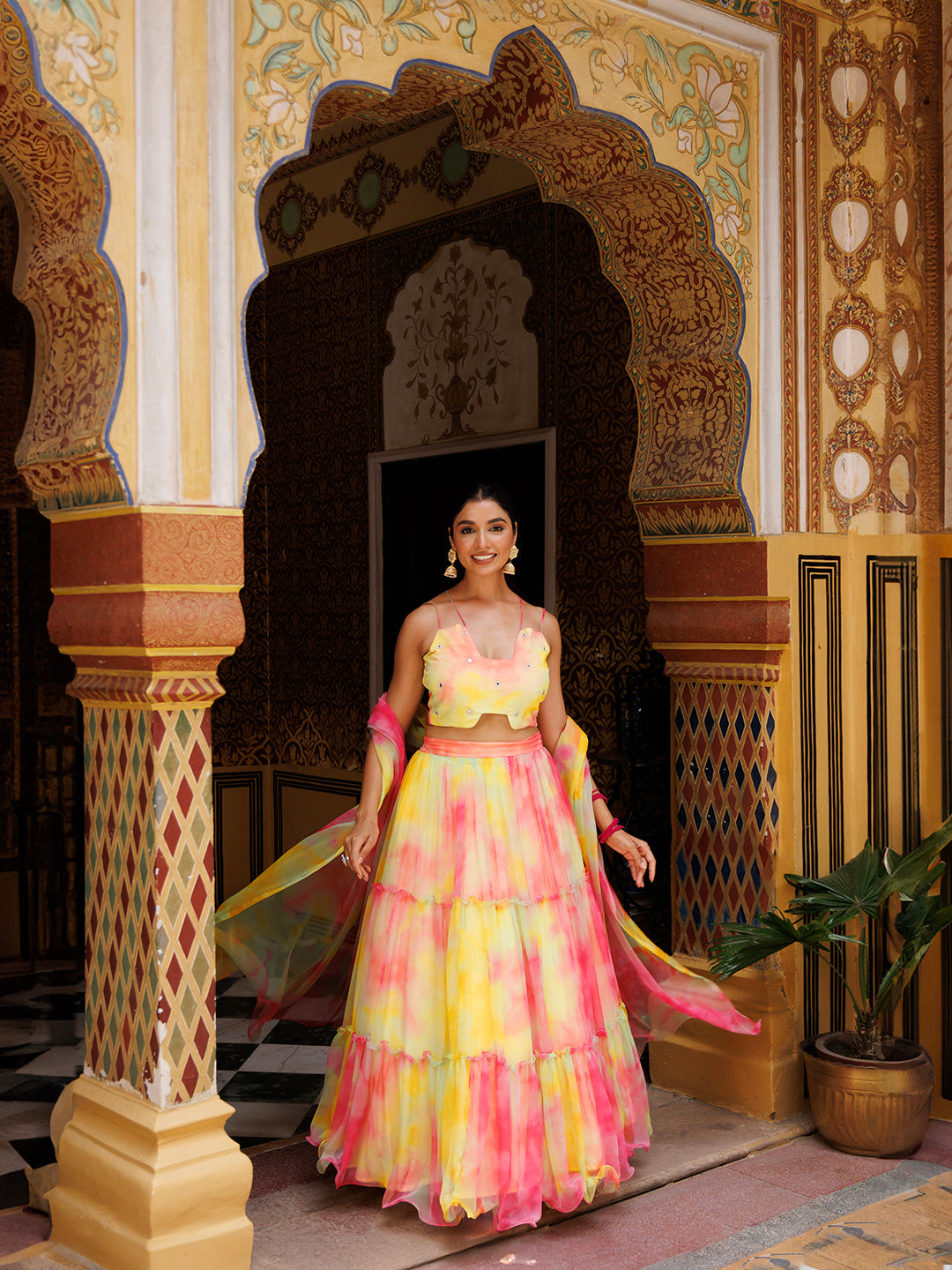 Lemondrop Yellow Pink Chiffon Lehenga Set  - By Ragavi