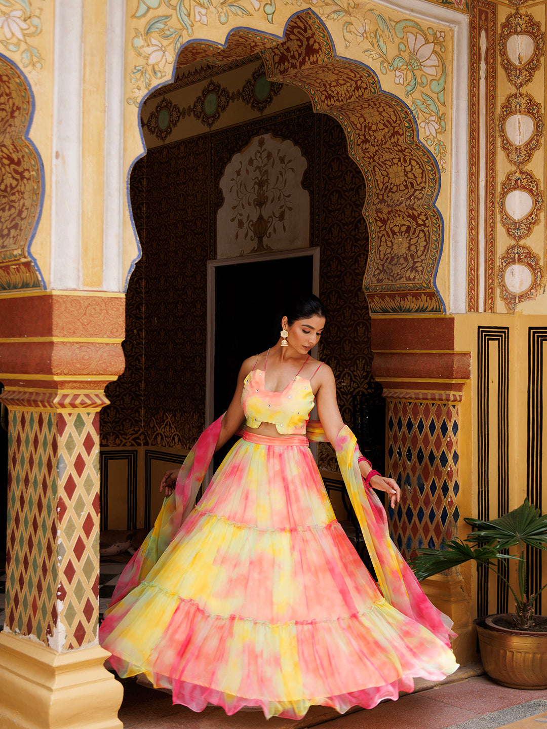 Lemondrop Yellow Pink Chiffon Lehenga Set with Intricate Embroidery and Matching Dupatta by Ragavi