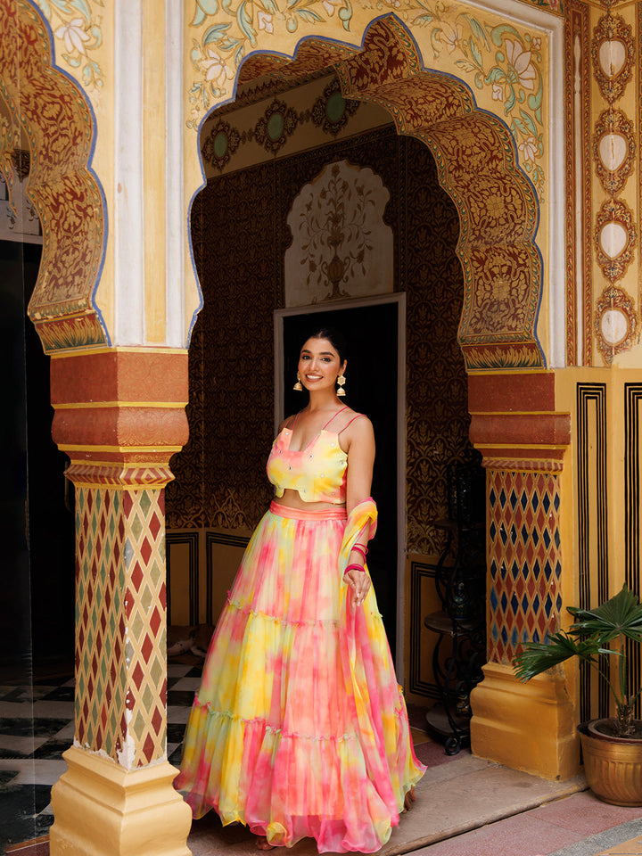  Beautiful Lemondrop Yellow Pink Chiffon Lehenga Set with Exquisite Embellishments by Ragavi