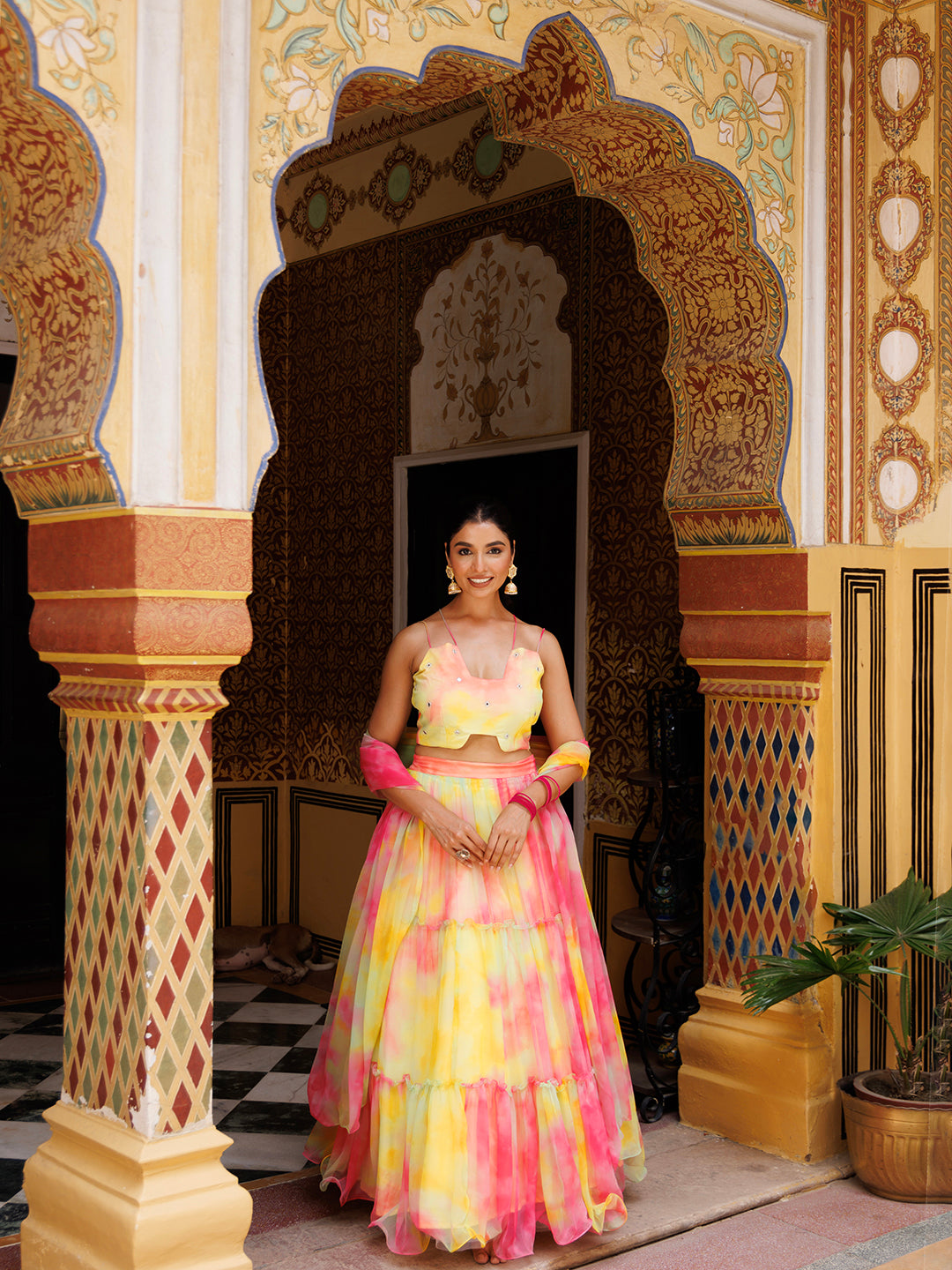  Ravishing Lemondrop Yellow Pink Chiffon Lehenga Set with Detailed Zari and Resham Work by Ragavi