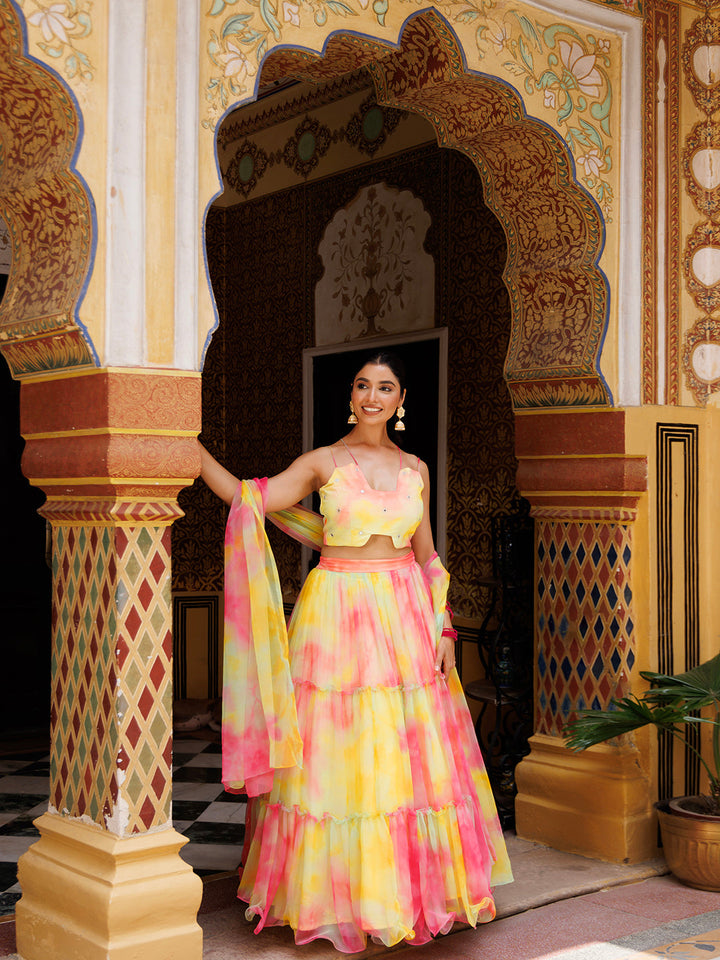 Lemondrop Yellow Pink Chiffon Lehenga Set  - By Ragavi