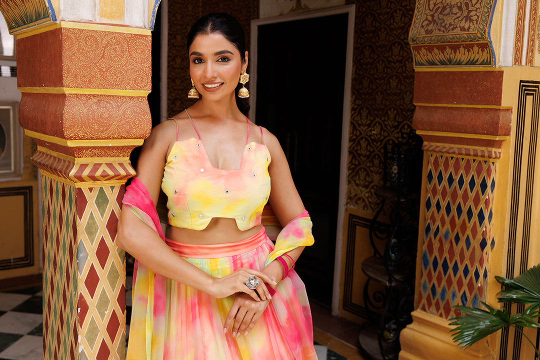 Lemondrop Yellow Pink Chiffon Lehenga Set  - By Ragavi