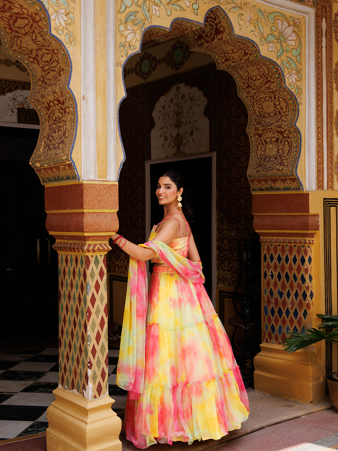 Lemondrop Yellow Pink Chiffon Lehenga Set for a special occasion