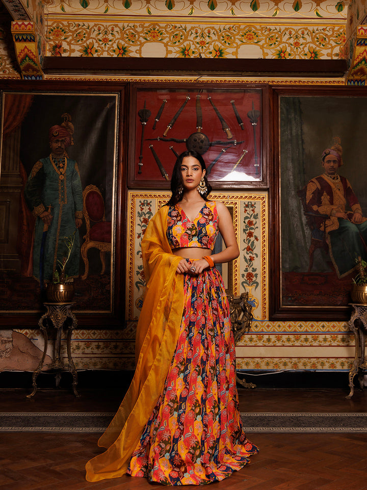 Musturd Floral Printed Chinon Lehenga - By Ragavi in alt texts:
###
Exquisite mustard yellow lehenga with intricate floral print and delicate details