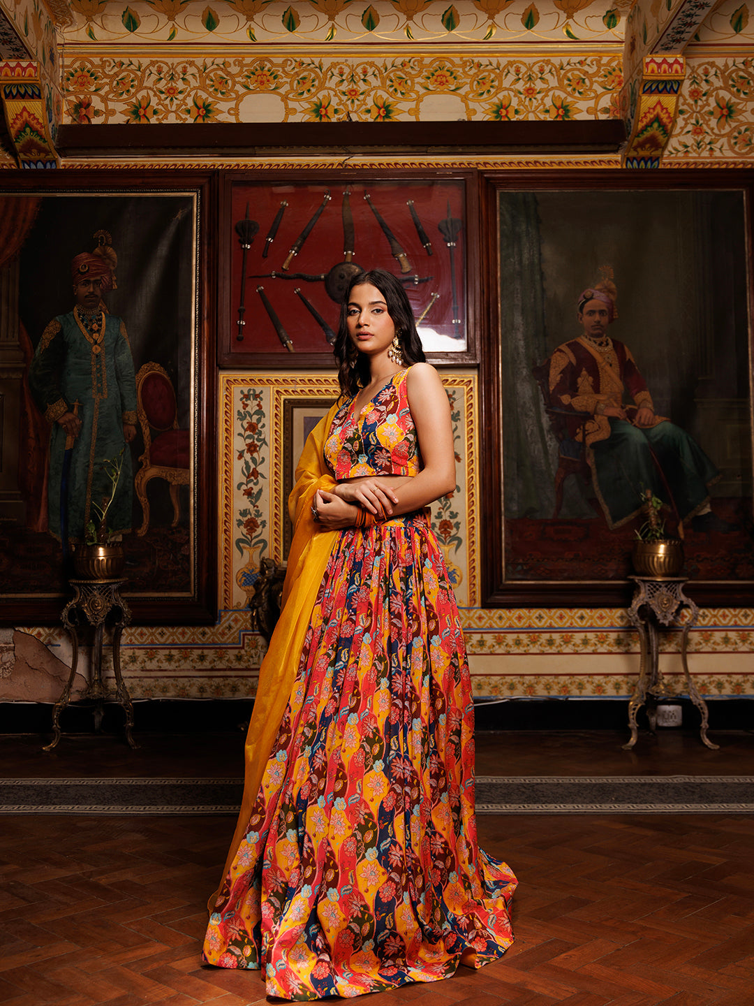 Beautiful Musturd Floral Printed Chinon Lehenga  - By Ragavi featuring a flowy skirt and matching blouse