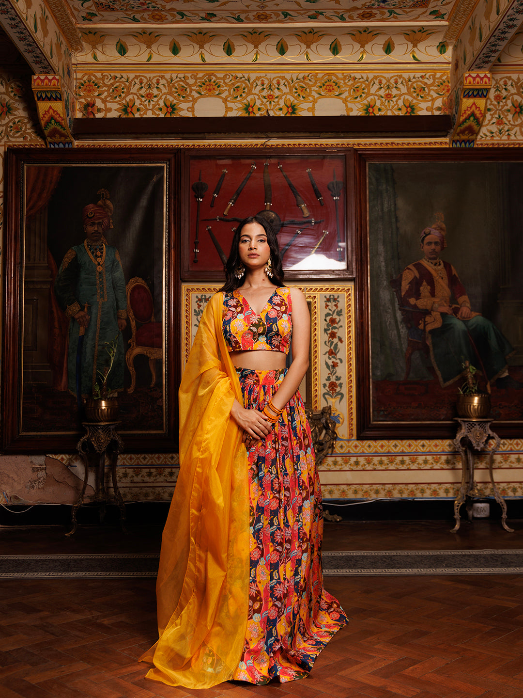 Beautiful Musturd Floral Printed Chinon Lehenga designed by Ragavi with intricate detailing and vibrant colors