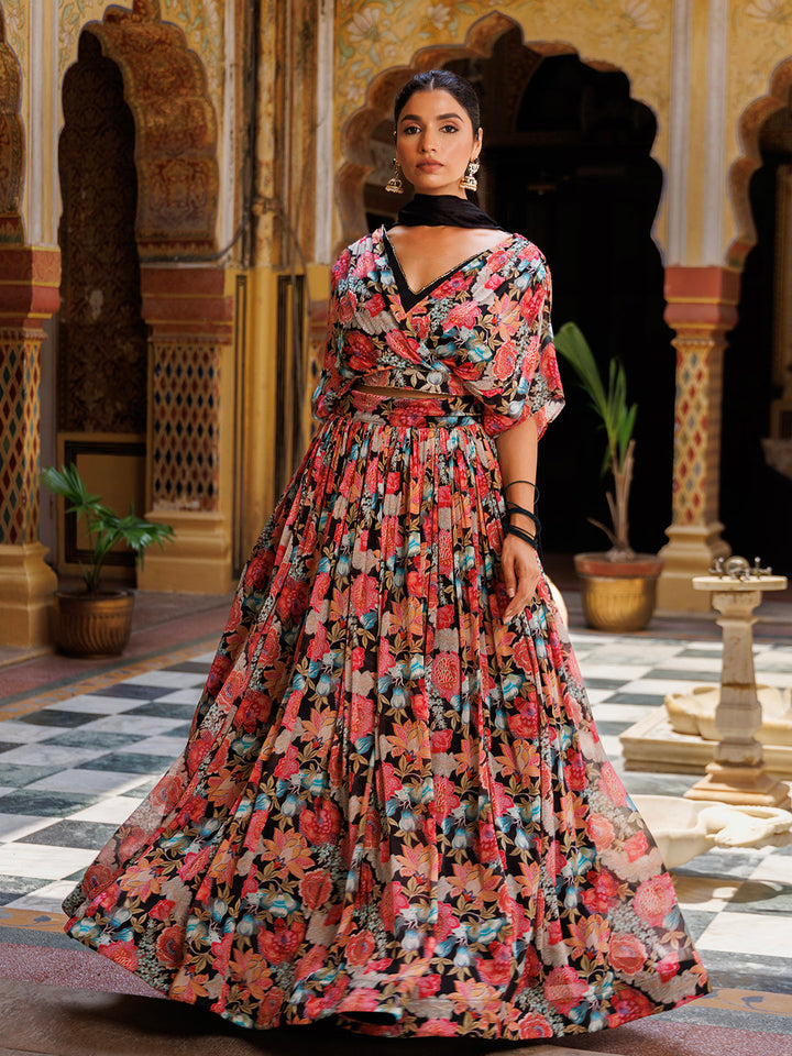 Black Floral Printed Chinon Lehenga  - By Ragavi